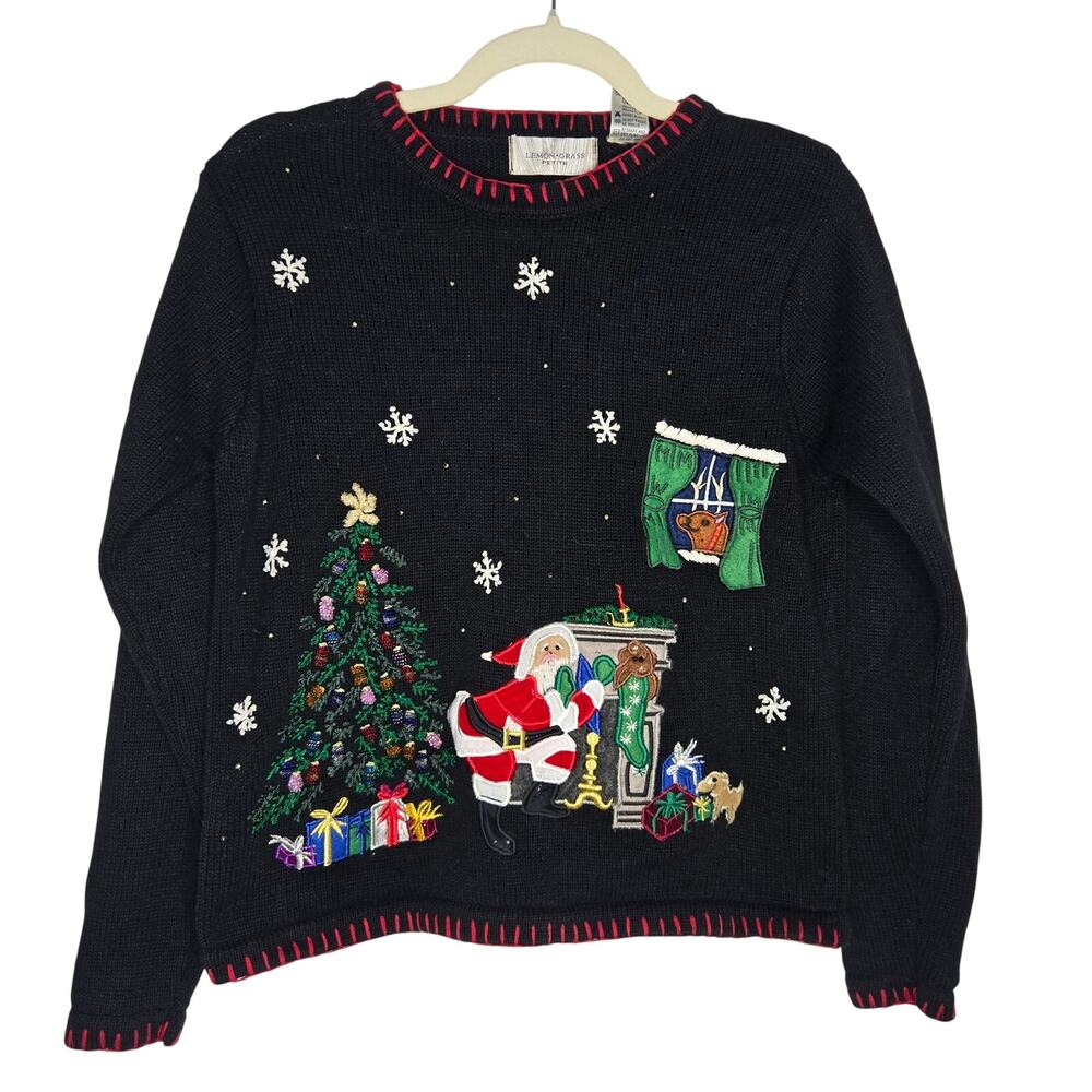 Vintage Christmas Novelty Sweater Santa Chimney Reindeer Beaded Womens Small Pet
